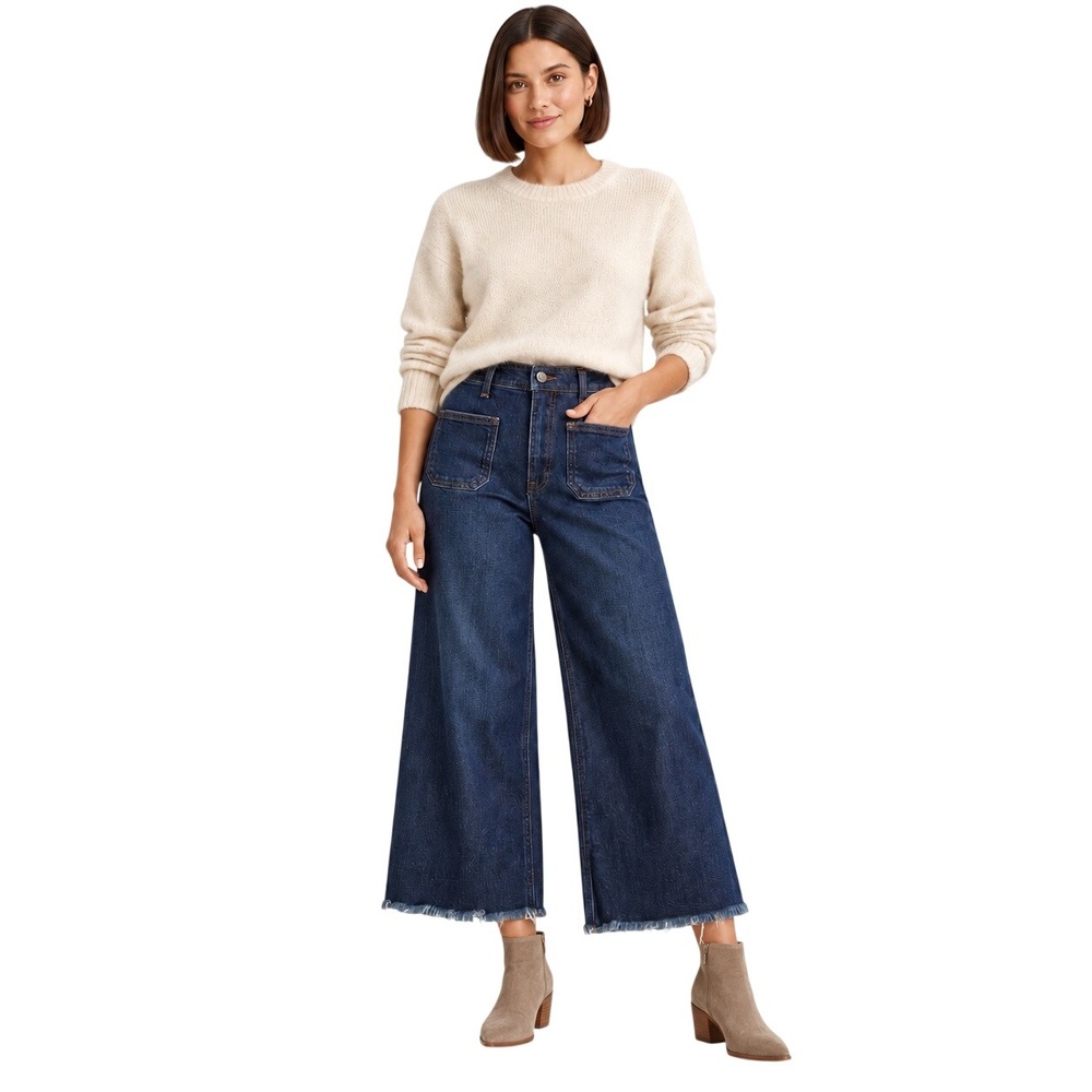 ZARA Marine Wide Leg Jeans Size 4 Dark Wash Patch Pocket Raw Hem High Rise